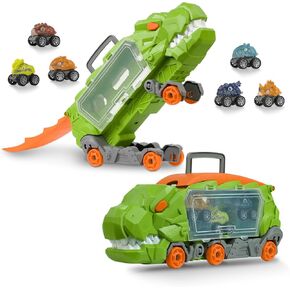 7-in-1 Dinosaur Carrier Truck Toy with Race Track – T-Rex Storage Car with 6 Pull-Back Dino Vehicles, Clear Box & Handle – Gift for Kids Boys Girls Ages 3 4 5 6 Green