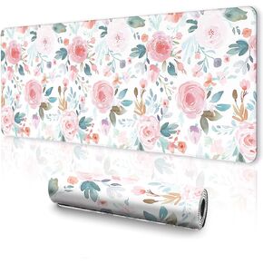 Floral Desk Mat, Watercolor Mouse Pad, Durable Rubber Base XXL Desk Gaming Mousepad, Vintage Desk Pad for Women, Girls, Home Office Decor (Pink Rose)