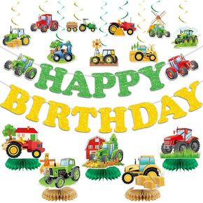 Tractor Birthday Party Decorations, Tractor Themed Decorations Including Happy Birthday Banner Hanging Swirls Honeycomb Centerpieces for Tractor Party Supplies