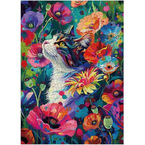 Colorful Flower Cat Puzzles for Adults 1000 Pieces, Painting Art Fun Animal Jigsaw Puzzles, Beautiful Spring Plant Floral Cute Puzzle