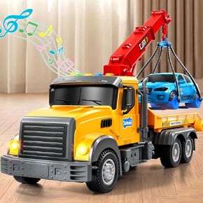 Kids Tow Truck Toy for Boys Age 3-5, Friction Powered Crane Transport Vehicle with Light and Sound, Flatbed Truck Toy, Birthday Gifts for Toddlers Boys Girls