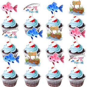 24 Pcs Fish Theme Gender Reveal Cupcake Toppers, Gone Fishing Bobber Fish She or Fish He Cupcake Picks Decorations, Little Fisherman Party Supplies Blue and Pink