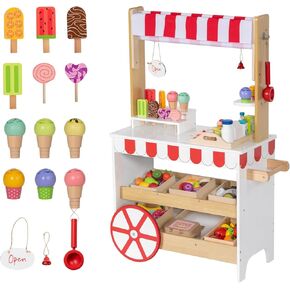 2 in 1 Ice Cream Cart for Kids, Wooden Grocery Store Playset w/ 15 PCS Play Accessories & Display Shelves, Toddler Pretend Play Toy Food Truck Stand with Wheels &Canopy Gift for Girls Boys