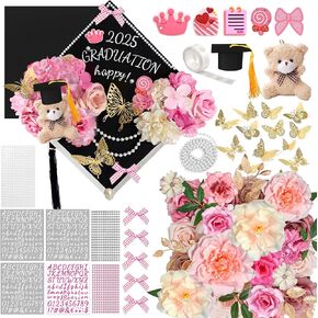 ZXSWEET DIY Graduation Cap Decorations Included Artificial Flower Bows Bear Butterfly Rhinestones Stickers Alphabet Number Stickers Glitter Paper for Art DIY Hat Grad Cap Topper