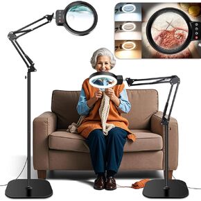 30X 10X Large Floor Magnifying Glass with Light and Stand,72 LED Adjustable Height Floor Magnifying Lamp,2 in 1 Lighted Magnifiers for Close Work, Sewing,Crafts,Hobbies,Reading,Black