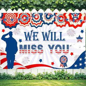 Memorial Day Banner Army Patriotic Soldier We Will Miss You Backdrop Camo Banner American Flag Military Retirement Army Going Away Party Decoration Welcome Home Sign for Veterans Independence Day Decor
