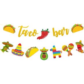 Fiesta Taco Bar Banner Garland, 2 Set Taco Bar Sign with Cactus Donkey Sombrero Taco Pepper for Mexican Fiesta Cinco de Mayo Party Decorations