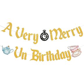 A Very Merry UnBirthday Banner, Wonderland Birthday Party Decorations for Girl, Funny Birthday Party Decor Rose Gold Glitter