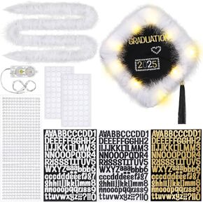 Tujoe 7 Pcs DIY Graduation Cap Decorations Accessory Kit 2025 Include 1 White Faux Feather Trim LED Light String Rhinestones Sticker Glue 3 Sheets Glitter Letter Stickers for Graduation Party Supplies
