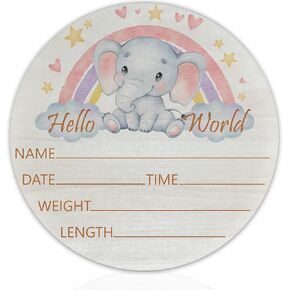 Baby Announcement Sign for Newborn Boys or Girls, Hello World Newborn Sign, Nursery Wall Decor, Baby Name Sign, Elephant Theme Birch Wood 6 inch Circle Board Birth Stat Sign, Newborn Gifts