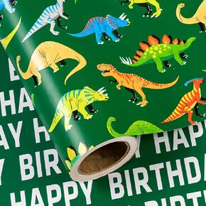 WRAPAHOLIC Jumbo Reversible Dinosaur Wrapping Paper Roll - 30 Inch x 33 Feet - Happy Birthday Wrapping Paper for Boys, Kids, Dino Lovers