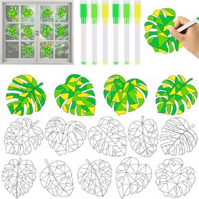 Qyeahkj 30Pcs Hawaiian Palm Leaf Arts Crafts for Kids Summer Window Suncatchers Craft Kit DIY Palm Leaves Coloring Craft Window Cling Sticker with Markers Summer Party Gift for Home Classroom Decor