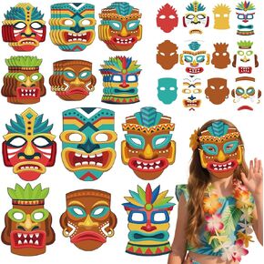 24 Pack Hawaii Tiki Mask Craft Kits for Kids Aloha Tiki Paper Craft Kits Summer Hawaiian Mask with Stickers Summer Arts Craft Kit Aloha Party Favors for Classroom Activity Art