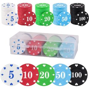 100Pcs Denomination Poker Chips Set with Storage Box, Plastic Learning Counters Disks for Texas Hold'em, Blackjack, Parties & Math Learning