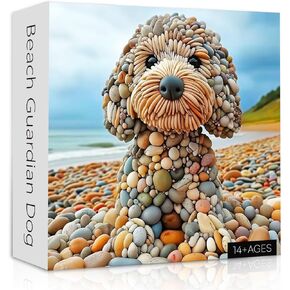 PICKFORU Funny Dog Jigsaw Puzzles 1000 Pieces for Adults, Summer Beach Guardian Dog Puzzle Cute, Interesting Seaside Stone Puppy Theme as Home Decor