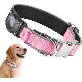 Waterproof Airtag Dog Collar - Nylon Collar with Durable Airtag Holder, Reflective&Anti-Lost with Safety Metal Buckle, Soft Padded Adjustable for Small Medium Large Dogs Pink L