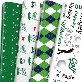 TAKEALOOKO Green Golf Wrapping Paper for Men - 12 Sheets Sports Gift Wrap Papers with 4 Golf Champions Plaid Patterns, Golfball Golfing Theme Party Decor for Boys Girls Birthday, Retirement Gifts