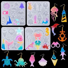 Voyyphixa 37 Pcs Jewelry Molds with Holes - Resin Earring Molds Octopus Lighthouse Jellyfish Silicone Epoxy Mold UV Art Casting Moulds for DIY Ornament Charm Crafts Home Decor