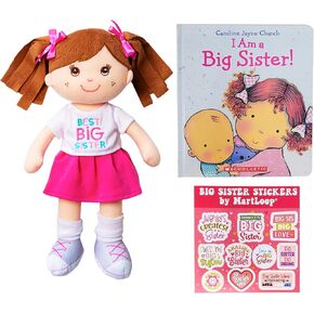 Martloop Best Big Sister Bundle - تشمل دمية وكتاب وملصقات - هدية مثالية من الأخوة من الطفل أو طفل صغير ، حزمة من 3 قطع