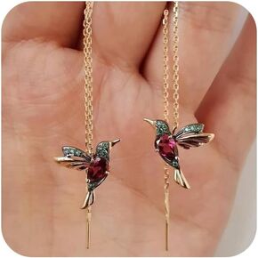 Gold Hummingbird Threader Earrings Hoop Earrings Elegant Rhinestone Hummingbird Long Chain Dangle Drop Earrings for Women
