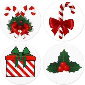 360 Pcs Candy Cane Christmas Stickers 2 Inch Holly Berry Christmas Envelope Seals Round Holiday Stickers for Envelope Greeting Card Gifts Wrap Mail Invitation Decoration
