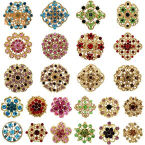 Crystal Flower Brooch Pins for Women - Mixed 24 Pcs Set | Multi-Color, Vintage Style Gold Rhinestone Brooch Pins Set for DIY Bridal Wedding Bouquet Pins & Decoration