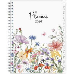 2026 Planner, Weekly ＆ Monthly Planner 2026, Jan 2026 – Dec 2026, 6.2" x 8.42", Flexible Cover, 12 Monthly Tabs, Thick Paper, Spiral Wirebound, Inner Pocket, Watercolor Flowers