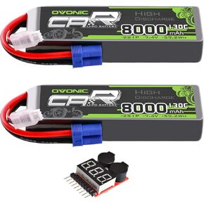 OVONIC 2S LiPo Battery 8000mAh 7.4V 130C RC Battery with EC5 Connector (2 Pack)(with Lipo Voltage Checker)