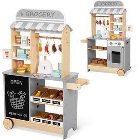 All-in-One Grocery Store Pretend Play with Chalkboards, Reversible Kids Grocery Store Playset with Oven, Scale, Rolling Wheels, Cash Register and More, for Kids Aged 3+
