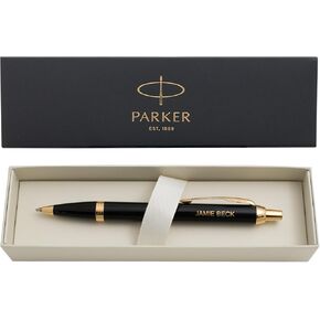Engraved Parker Pen | Personalized Parker IM Black Lacquer and Gold Trim Ballpoint. Custom Engraved Gift Pen with Your Name or Message.