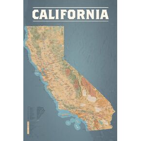 California State Wall Map 24x36 Poster (Tan & Slate Blue)