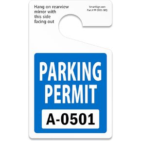 SmartSign (Pack of 50) Standard “Parking Permit" Rearview Mirror Hang Tags | 5 x 3 inch 35 mil Plastic, Pre - Numbered Car Parking Pass, Blue, Black and White, Made in USA