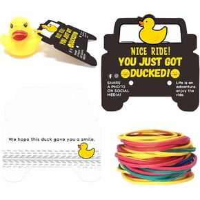 Duck Tags 50 Pieces Duck Ducking Game Card Printed Car Duck Tags with Round Hole, 50 Rubber Bands, 2.91 x 2.87 Inches (Black)