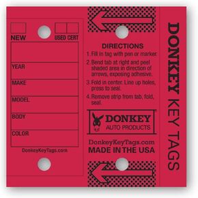 Donkey Key Tags - Half Pack - Laminated Self-Protecting (125 Tags Per Box with Metal Rings) (Yellow)