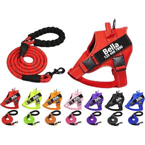 Custom Personalized No Pull Dog Harness with ID Name Phone Number and Rope Dog Leash Set, Heavy Duty Reflective Easy On Pet Vest Harness for X-Small Small Medium Large X-Large Dogs