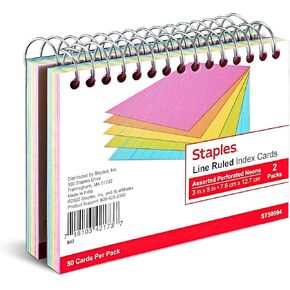 Staples 381885 3-Inch x 5-Inch Line Ruled Assorted Neon Spiral-Bound Index Cards 2/PK (50994)