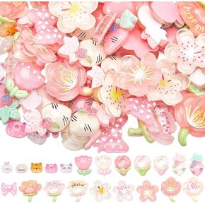 120Pcs 7 Styles Pink Candy Charms Resin Flat Back Cabochons Cute Embellishments DIY 3D Kawaii Resin Flatback Decoden Cabochons Cell Phone Case for for DIY Crafts Ornament Scrapbooking