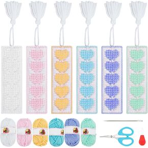 FREEBLOSS 12 Set Bookmark Kit 6 Colors Yarn Plastic Canvas Heart Pattern Bookmark Cross Stitch Kit with Instruction Plastic Canvas for Embroidery Crafting Adults