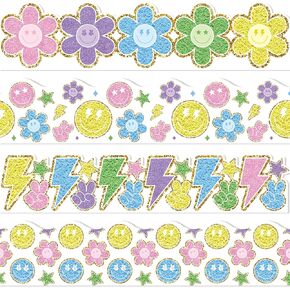 AgincBerry Back to School 82Ft Preppy Smile Face Daisy Classroom Borders for Bulletin Board Decor 80PCS Chenille Glitter Patch Lightning Border Trim for Home School Chalkboard White Board Decorations