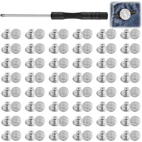 48 Sets Jean Buttons for Loose Jeans, 17 mm Pants Button with 1pc Screwdriver Silver No-Sew Replacement Jean Buttons Simple Installation Reusable and Adjustable Metal Pants Button Tightener