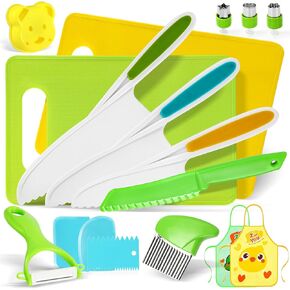 17pcs مجموعة طهي Montessori للأطفال الصغار مع قطع اللوحة القاطعات Crinkle Crinks Kid Safe Cnives ، مجموعات طهي الأطفال حقيقية مع مجموعة المئزر ، مطبخ للأطفال من سن 3-10 سنوات فتاة من العمر