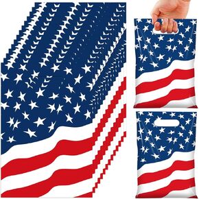 50 Pcs 4th of July Party Favor Bags, American Flag Patriotic Plastic Goodie Treat Bags with Handles, Red White and Blue Gift Bag for Patriotic Independence Veterans Memorial Day Party Supplies