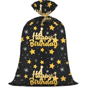 KIDAJOY Extra Large Birthday Plastic Gift Bags Boys Black and Gold 36x56 Inch Jumbo Black Gift Bag XL Happy Birthday Themed Kids Women Men Party Favors Decorations Golden Star