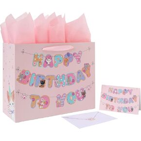 13" Large Cat Happy Birthday Gift Bag Set with Handles, Greeting Card, Pink Tissue Papers and Stickers for Girls Kids Teens Women, Kitty-themed Banner Design, 1 Pcs