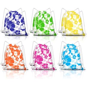 KERINGO 18 PCS Hibiscus Party Favor Hawaiian Themed Drawstring String Bag Backpack Summer Tropical Gift Tiki Luau Treat Hawaii Goodie Bags Kids Birthday Party Supplies