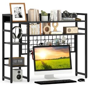 Giantex Desktop Bookshelf, 37" Desk Shelf for Up to 32" Computer Monitors, 4 Tier Desktop Display Rack with 6 Movable Hooks, 2 Anti-toppling Kits, Wood Desk Hutch for Home Office Dorm (Black)