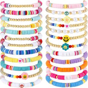 Sureio 24 Pcs Colorful Peace Sign Friendship Bracelets Heart Smile Bracelets Surfer Stretch Beaded Kids Bracelet for Girls Women Back to School Tween Girl Party Favors