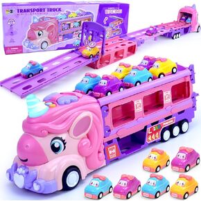 Girls Cars for 1 2 3 4 5 Year Old,Kids 7-in-1 Pink Unicorn Foldable Transport Carrier Trucks with Lights and Music W/ 6 Princess Cars Birthday Presents for 1-3 3-5 Yrs Old Girls Toddlers Babys