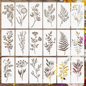 DIYASY 18 Pcs Wildflower Stencils, Reusable Wild Flower Leaf Painting Stencils Plastic Plant Stencil DIY Crafts Art Drawing Templates for Wood Wall Door Canvas Home Decor