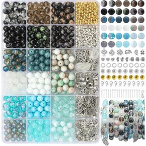 8mm 18 Colors Glass Beads for Jewelry Making, 810pcs Charm Bracelet Making Kit - Crystal/Crackle/Stone/Gold & Silver Pendant Spacer Beads for Adults Bracelets Necklace Earring DIY Supplies